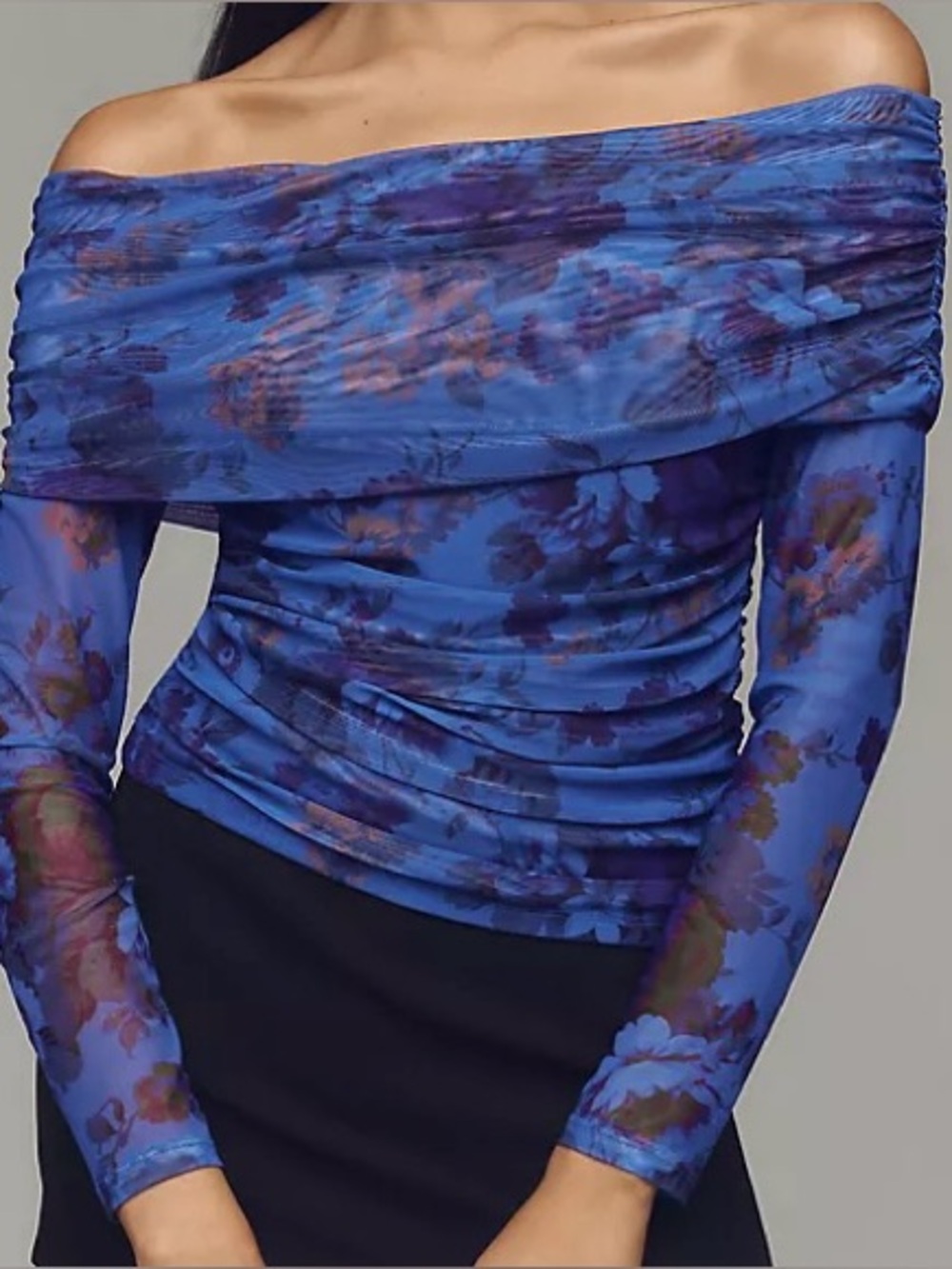 Maeve Off-Shoulder Floral Mesh Top in Blue